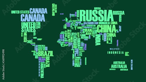 words in world map with countries names colored with blue and green shades that glow in the dark suggesting its for global renowned arts festival