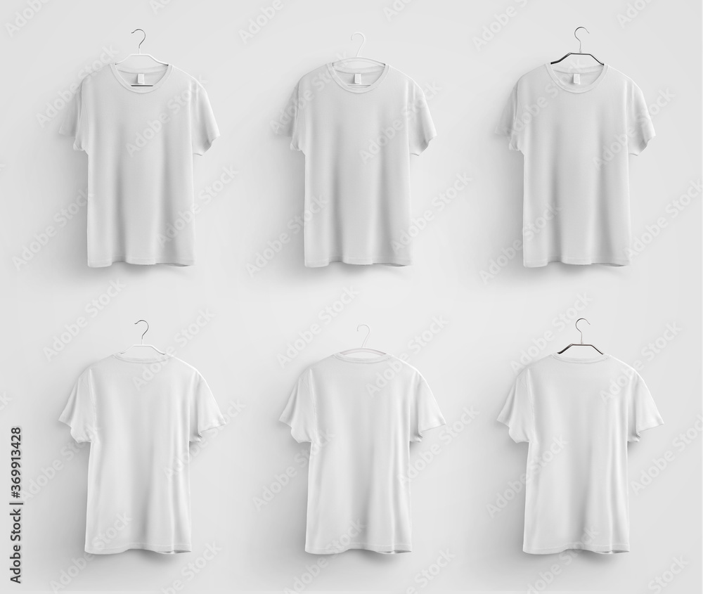 Unisex t-shirt template hanging on a hanger, blank apparel branded for design and pattern presentation. Unisex t-shirt template hanging on a hanger, blank apparel branded for design and pattern presentation.