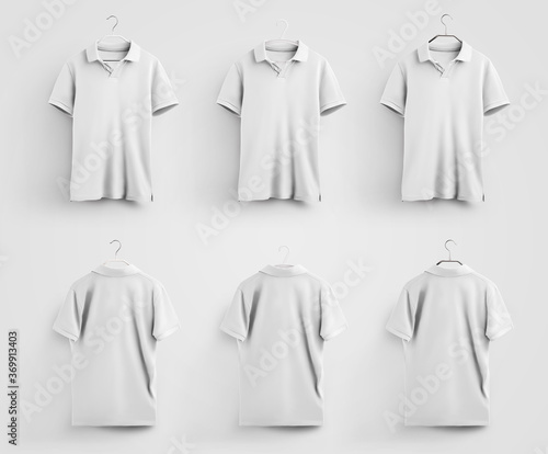 Mockup of men's polo, hanging on a plastic, metal hanger, for advertising in an online store and presentation of design, pattern.