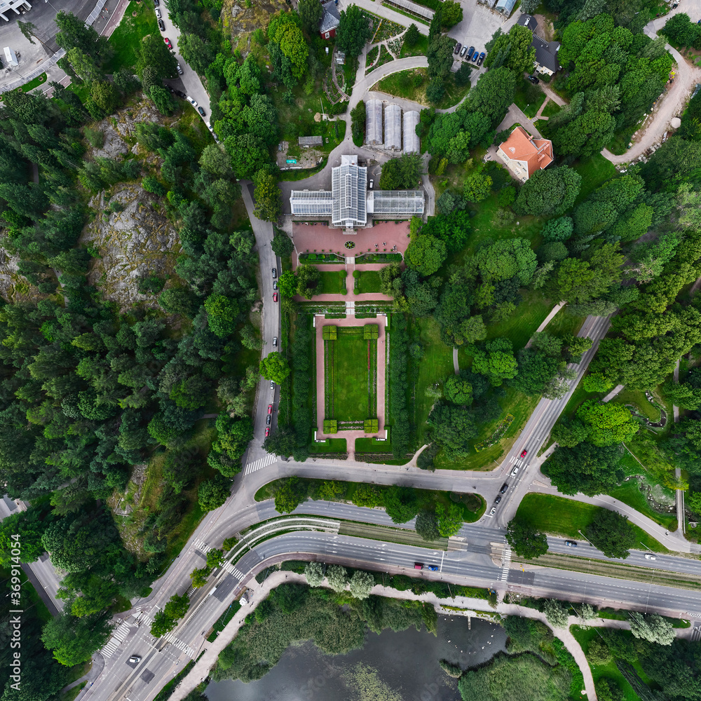 Aerial view of the botanical garden in Helsinki, Finland.