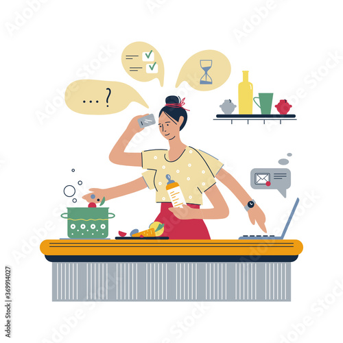 Home lifestyle. Busy mother, multitasking woman. Busy super mother working at home. Woman freelancer working on laptop at home. Vector flat style illustration.
