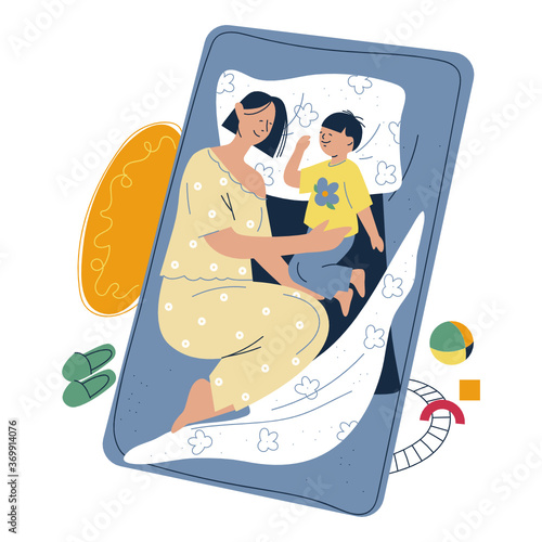 Home lifestyle. Young woman co-sleeping with her baby in bed. Conceptual illustration of motherhood, care and relaxation. Flat style vector illustration.
