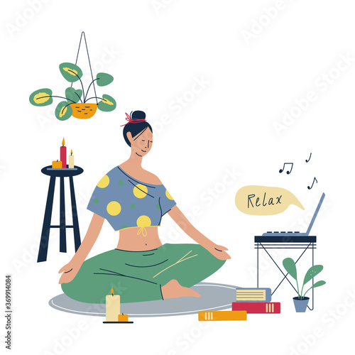 Home lifestyle. Young woman sitting cross legged on floor and meditating at home. Meditation, relaxation at home, spiritual practice, yoga and breathing exercise. Flat style vector illustration.