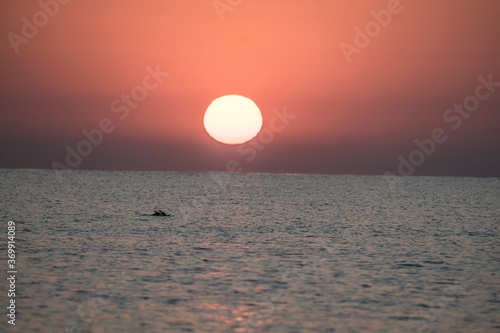 Beautiful sunrise at sea. The sun rises from the sea. The calm sea