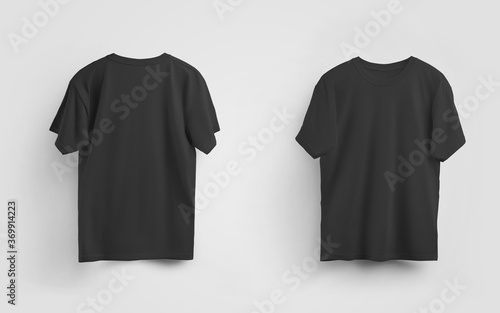 Male black t-shirt mockup, front and back view, blank clothes for design and pattern presentation.