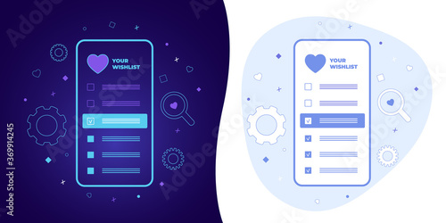 Wishlist vector concept with black and white background, dark ultra violet neon glowing thin icon and light-blue illustration. Smart phone with a checkmarks list of favorite wish items and heart icon