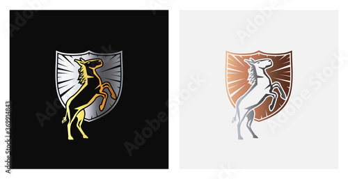 Donkey and shield geometric coat of arms logotype