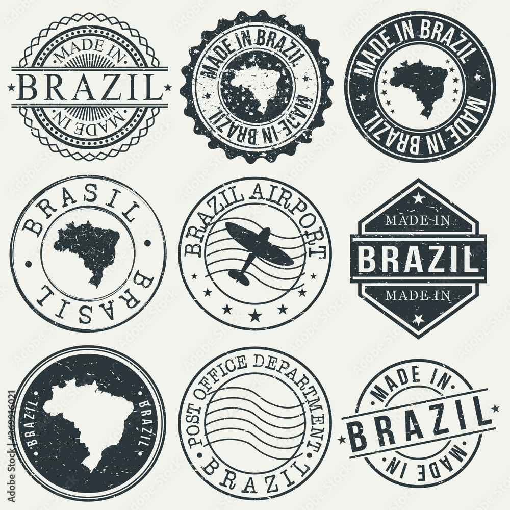 Brazil Set of Stamps. Travel Stamp. Made In Product. Design Seals Old Style Insignia.