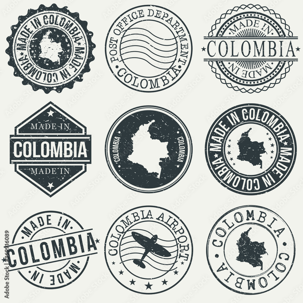 Colombia Set of Stamps. Travel Stamp. Made In Product. Design Seals Old Style Insignia.