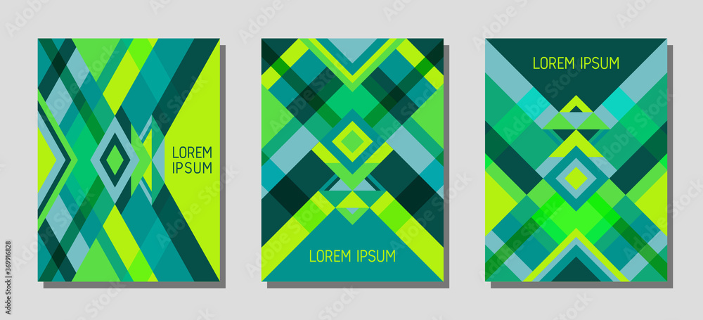 Cover page layout vector template geometric design with triangles and stripes pattern in green, turquoise. Cover page layout vector template geometric design with triangles and stripes pattern in green, turquoise.
