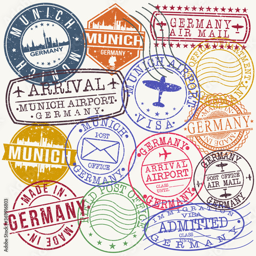 Munich Germany Stamp Vector Art Postal Passport Travel Design Set Badge Rubber.