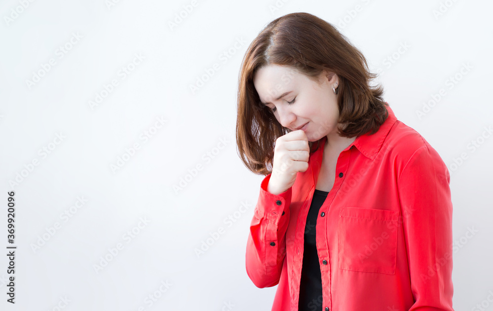 girl in a red shirt, symptoms of illness, coughs. Izodization girl in a red shirt, symptoms of illness, coughs. Izodization