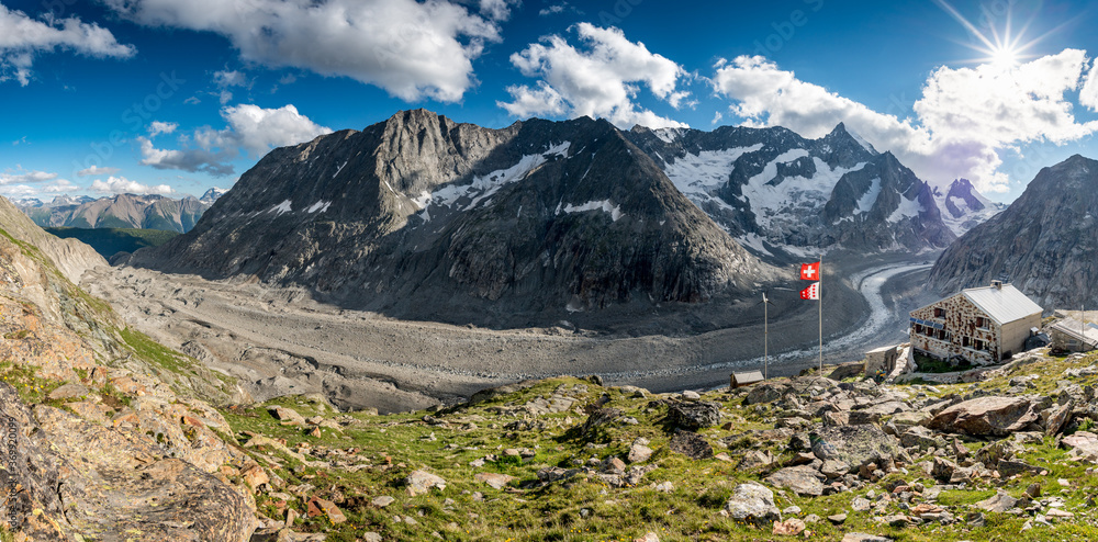panoramic view of Oberaletsch Glacier and the mountain hut in the Valais Alps