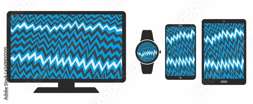 broken tech devices with cartoon electric static interference zigzag pattern rounded corners cyan and black
