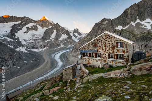 first light on Nesthorn with Oberaletsch SAC alpine hut