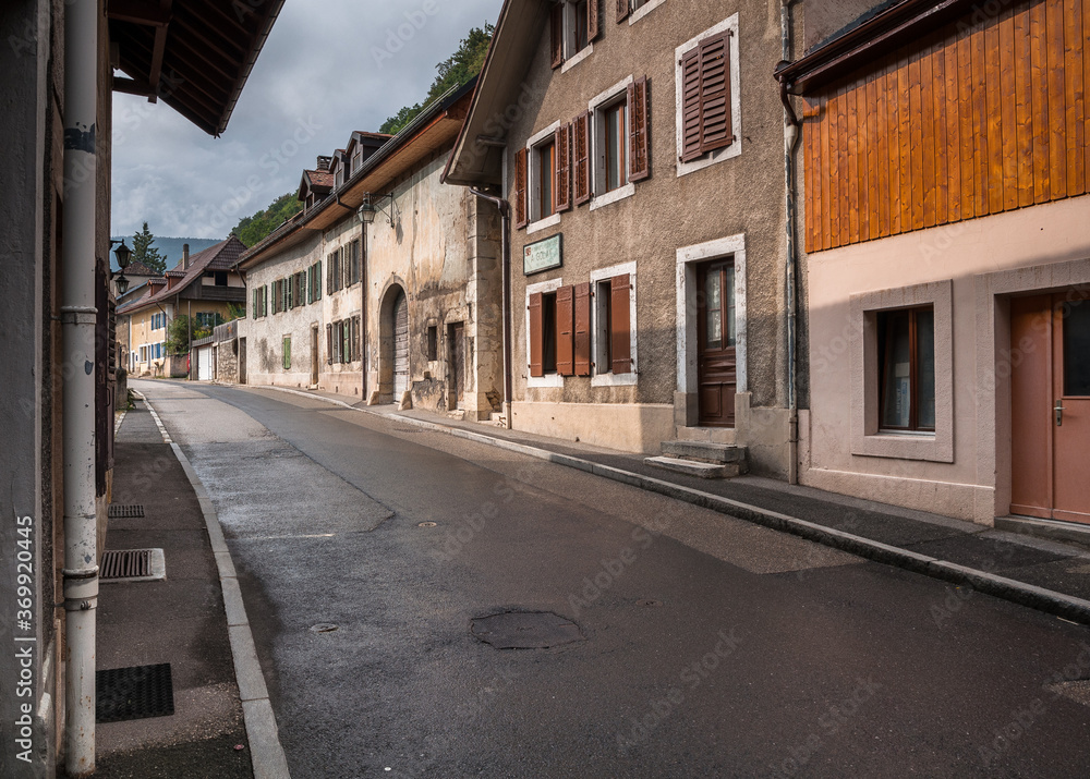 Street view in tiny and historic  Romanmotier-Envy village, located in Canton Vaud, Switzerland.