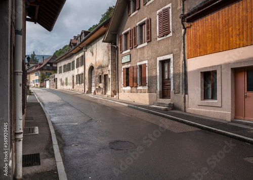 Street view in tiny and historic Romanmotier-Envy village, located in Canton Vaud, Switzerland.