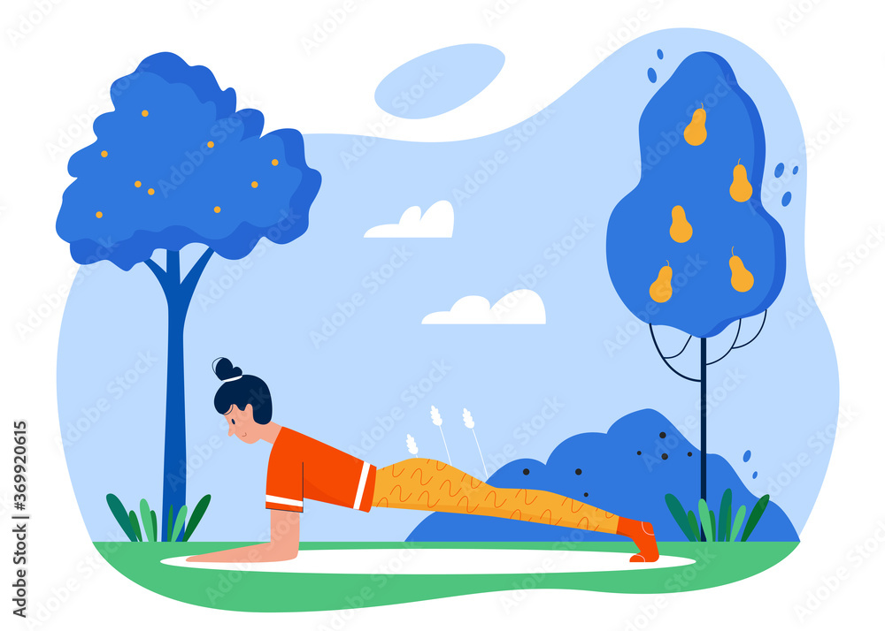 Yoga practice sport activity flat vector illustration. Cartoon active girl character practicing yoga asana exercises in summer outdoor park garden, sports healthy activity in nature isolated on white