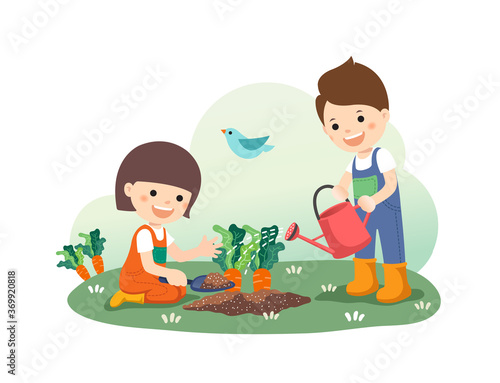 Children education, cute kids water organic vegetable gardens. White background, Vactor illustration. photo