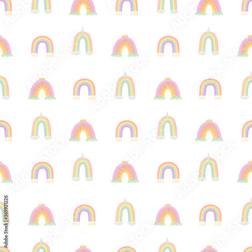 Cute Rainbow Seamless Pattern. Macrame gouache art. Magic, unicorn, princess. Warm trendy color. Modern minimalist design