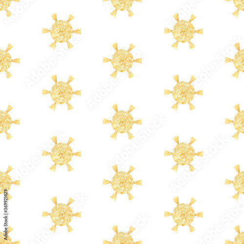 Abstract Colden Sun Seamless Pattern. Wicker straw pattern. Macrame gouache art. Yellow, beige. Boho, rustic design