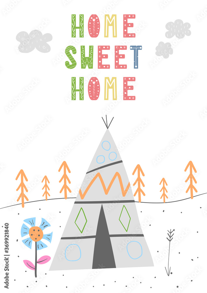 Cute vector print in scandinavian hand drawn style. Home sweet home quote. Doodle vector illustration for posters, baby birthday, cards, t-shirts. Colorful nordic kids print.