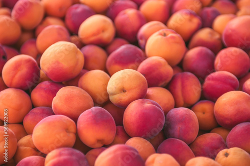 Fresh fruit sales. A bunch of ripe peaches.