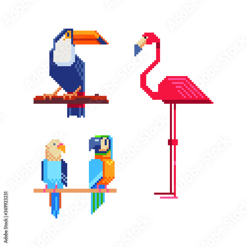 Birds. Pixel art set. Logo, stickers and embroidery design. Cartoon icon for children's mobile applications, book illustration. Game assets. Isolated vector illustration. 