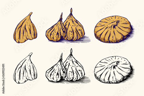 Fresh fig. Dried fruit Foliage. Detox spice. Vector Engraved hand drawn sketch for stamp, t-shirt or typography or menu. 