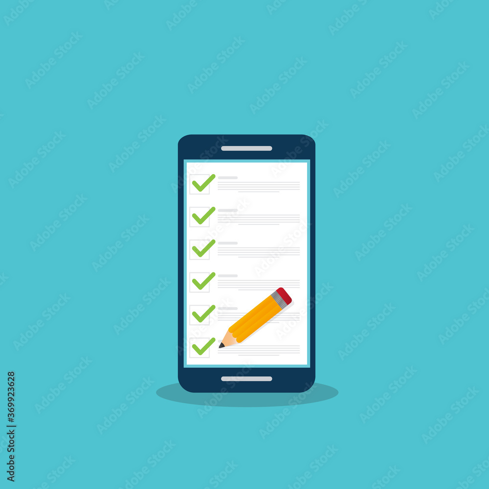 Check list document on smartphone, smartphone with paper check list and to do list with checkboxes, concept of survey, online quiz, completed things or done test, feedback. Check list document on smartphone, smartphone with paper check list and to do list with checkboxes, concept of survey, online quiz, completed things or done test, feedback.