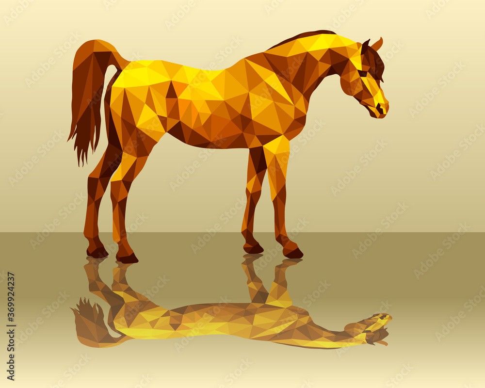 Obraz premium horse, isolated amber image on a gold background in low poly style and reflection