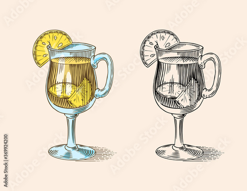 Ginger root tea in a glass, Chopped rhizome, Fresh plant. Vector Engraved hand drawn sketch. Pieces of ingredient set. Detox spice. 