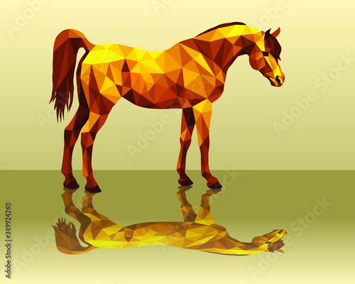 horse  isolated amber image on a gold background in low poly style and reflection