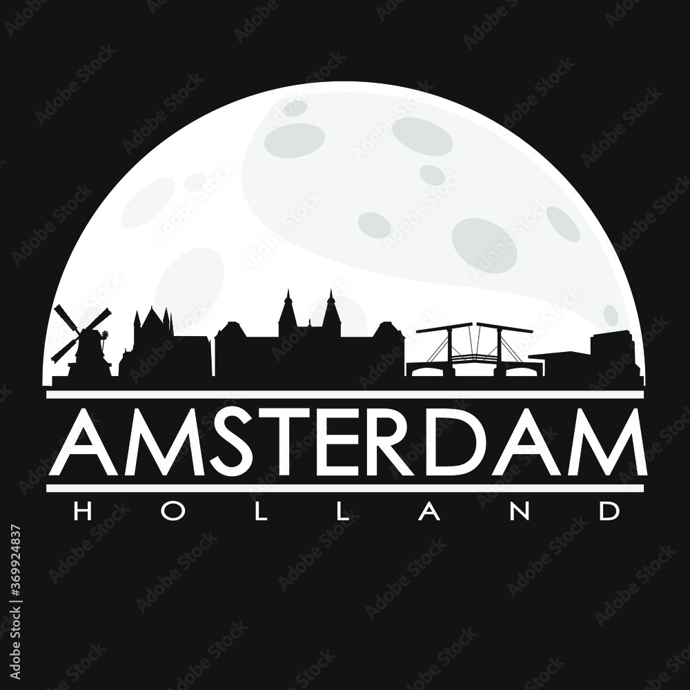 Amsterdam Full Moon Night Skyline Silhouette Design City Vector Art.