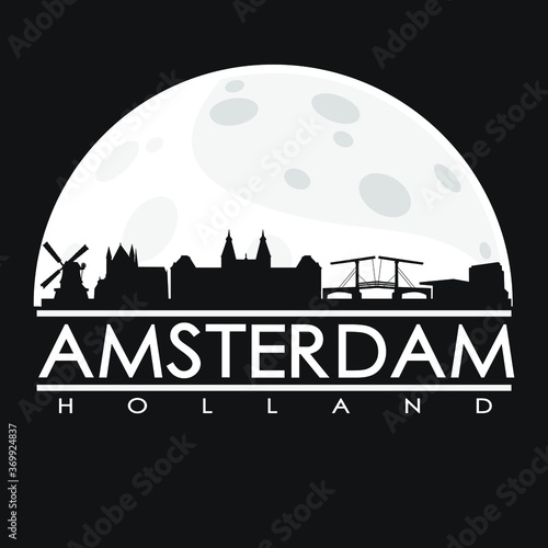 Amsterdam Full Moon Night Skyline Silhouette Design City Vector Art.