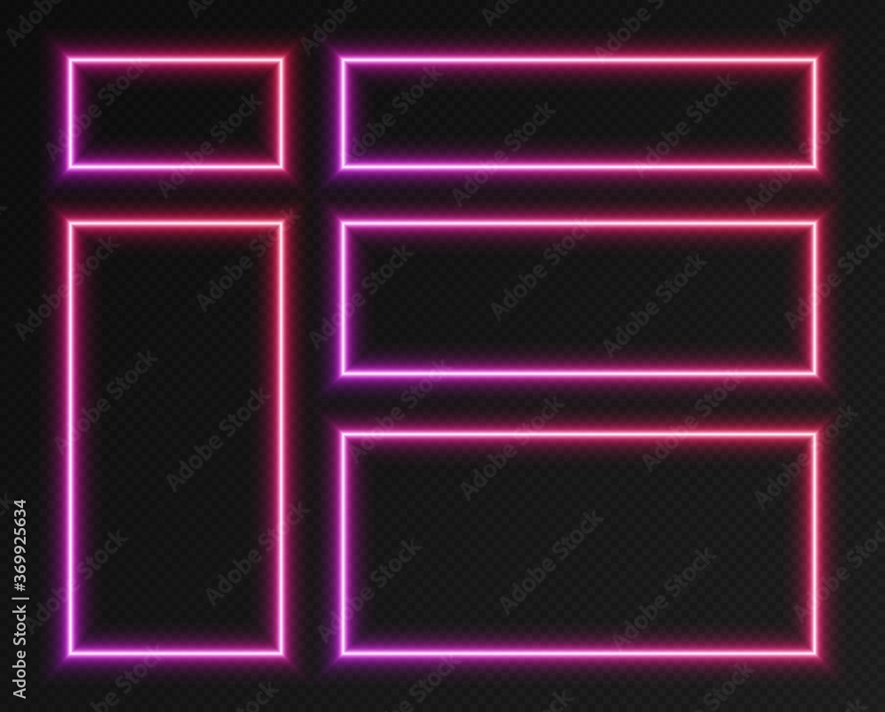 Neon gradient rectangular frames set, collection of purple-red glowing borders isolated on a dark background. Colorful night banners, bright illuminated shapes, retro style vector light effect. Neon gradient rectangular frames set, collection of purple-red glowing borders isolated on a dark background. Colorful night banners, bright illuminated shapes, retro style vector light effect.
