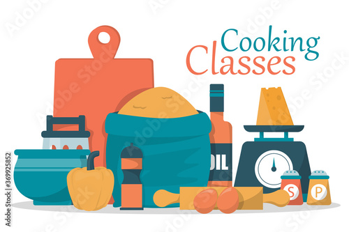Cooking classes web banner vector isolated. Cooking food using kitchen utensils. Advertising of culinary class.