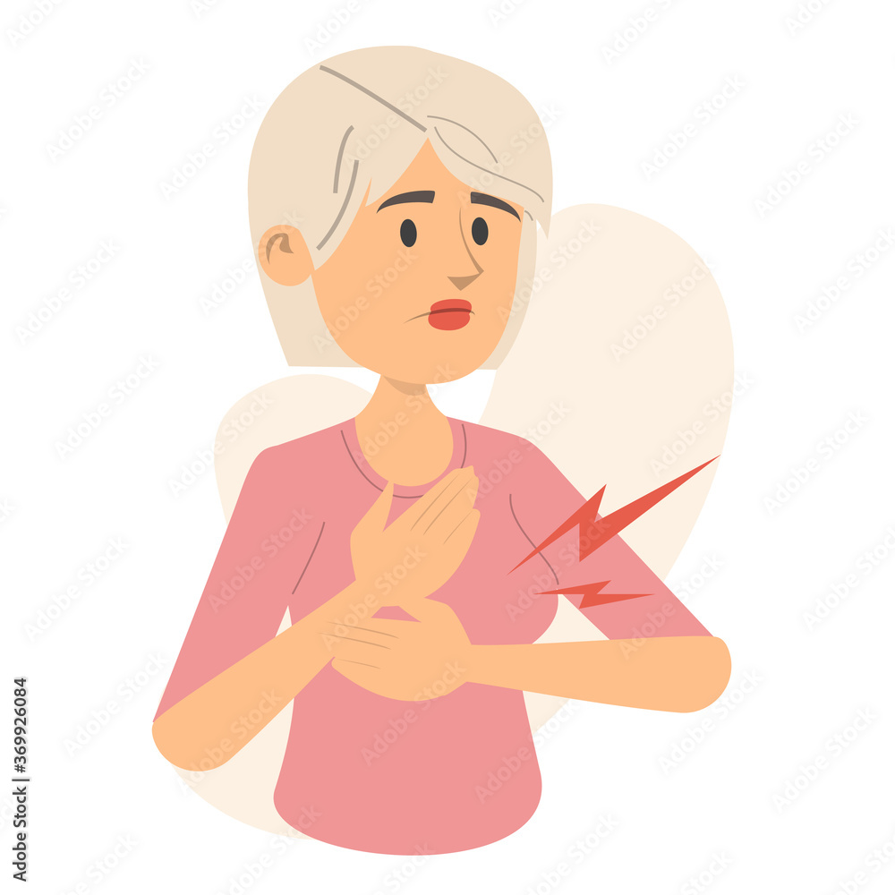 Woman feels pain in breast vector isolated. PMS syndrome, medical condition. Young person touching breast. Woman feels pain in breast vector isolated. PMS syndrome, medical condition. Young person touching breast.