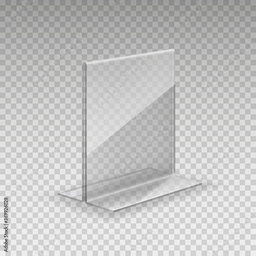 Stand, acrylic table tent, card holder isolated on transparent background. Vector empty flyer glass display. Plastic frame of photo or restaurant menu mock up