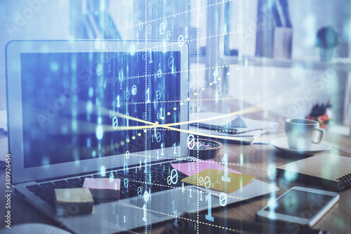 Wallpaper Mural Technology theme drawing and work space with computer. Double exposure. Concept of innovation. Torontodigital.ca