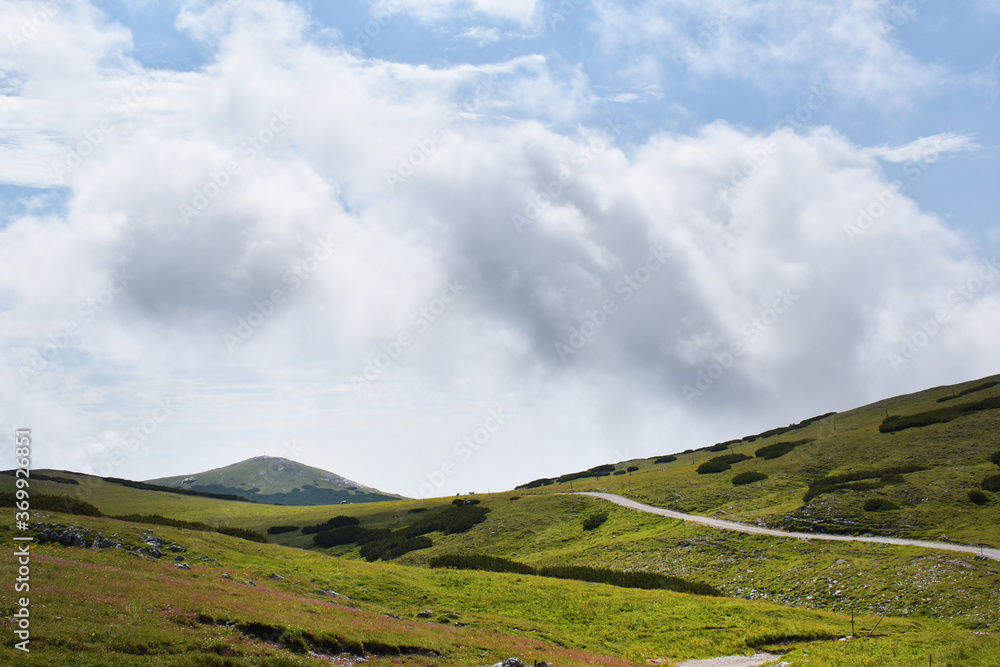 Fototapeta premium Montane Landschaft in den Alpen, Schneeberg mit Wanderweg über die Alm