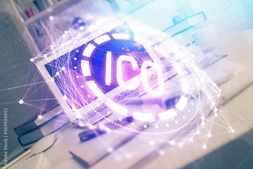 Multi exposure of blockchain theme hologram and table with computer background. Concept of bitcoin crypto currency. Multi exposure of blockchain theme hologram and table with computer background. Concept of bitcoin crypto currency.