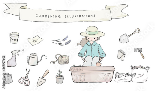 水彩風のガーデニングイラストセット