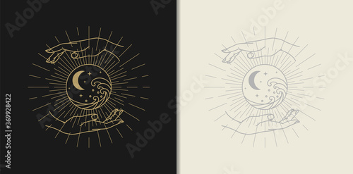 Moon, star, wave and hand gold logo, spiritual guidance tarot reader Colorful gradient design. illustration.