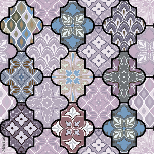 Colorful floral seamless hand drawn ornamental east pattern in patchwork boho chic style with lattice, in portuguese and moroccan motif