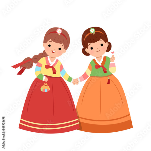Korean womans holding hands together in traditional korean hanbok dress. Girl friend celebrating Korean national holiday clip art. Flat style vector isolated on white background. 