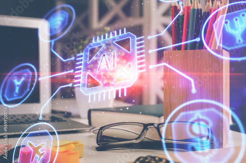 Data tech hologram with glasses on the table background. Concept of technology. Double exposure.