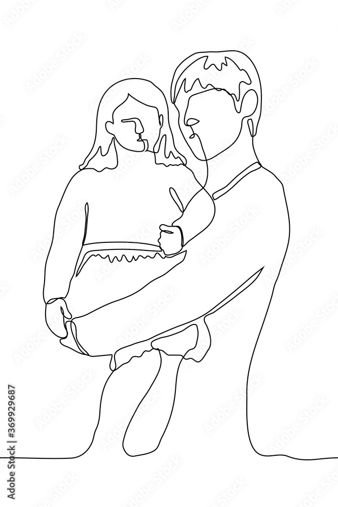 man stands and holds a little girl in a dress (daughter). One continuous line art black outline drawing. Vector illustration for father's day, children day, posing for family photo