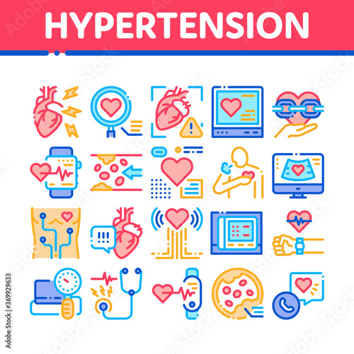 Hypertension Disease Collection Icons Set Vector. Hypertension Ill And Treatment, Heart Research And Examination, Fitness Bracelet And Watch Concept Linear Pictograms. Color Contour Illustrations