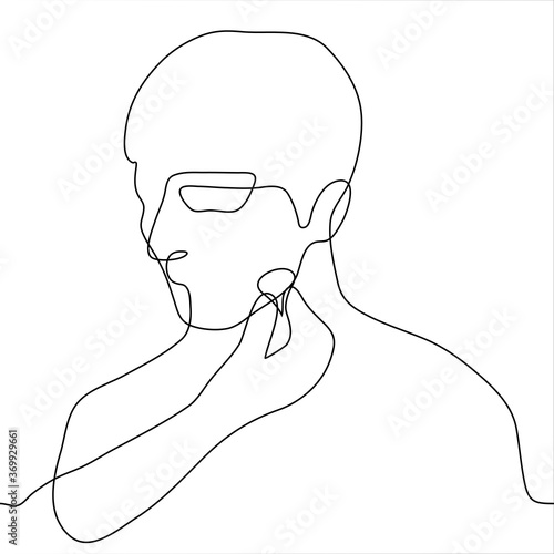 male face with the hand of a make-up artist who makes him makeup. One continuous line art. Applying foundation / powder / makeup, the concept of preparing for an event, meeting, filming, photo session